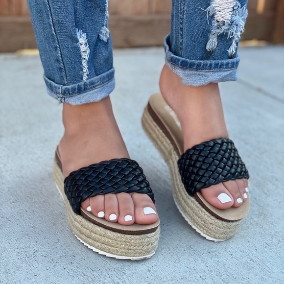 Black Braided One Band Platform Slip On Sandal - Picture 3 of 9